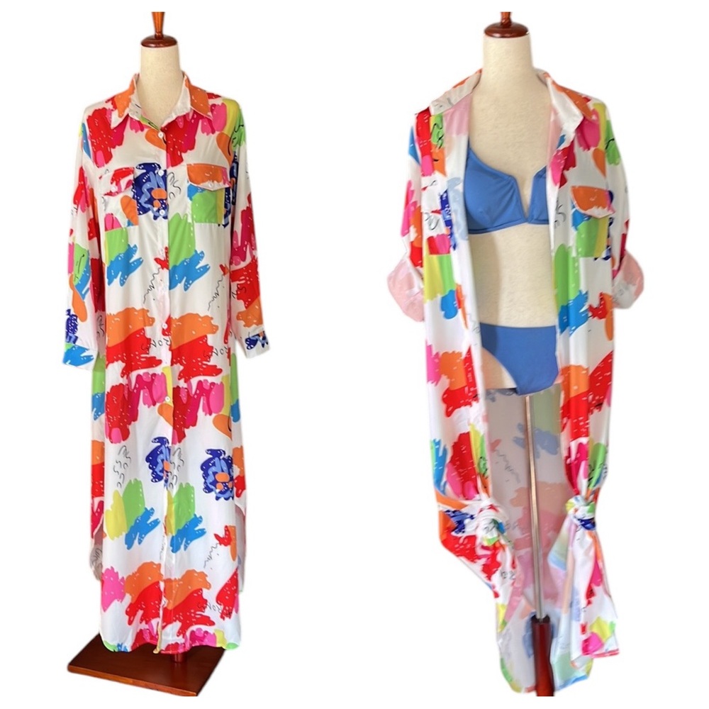 Colorful Button Down Shirt Maxi Dress or Coverup